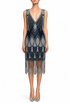 Noir palladium starlet gown, sleeveless V-neck beaded dress with scalloped fringe hem