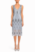 Sleeveless silver-gray beaded midi gown with geometric fan pattern and fitted bodice