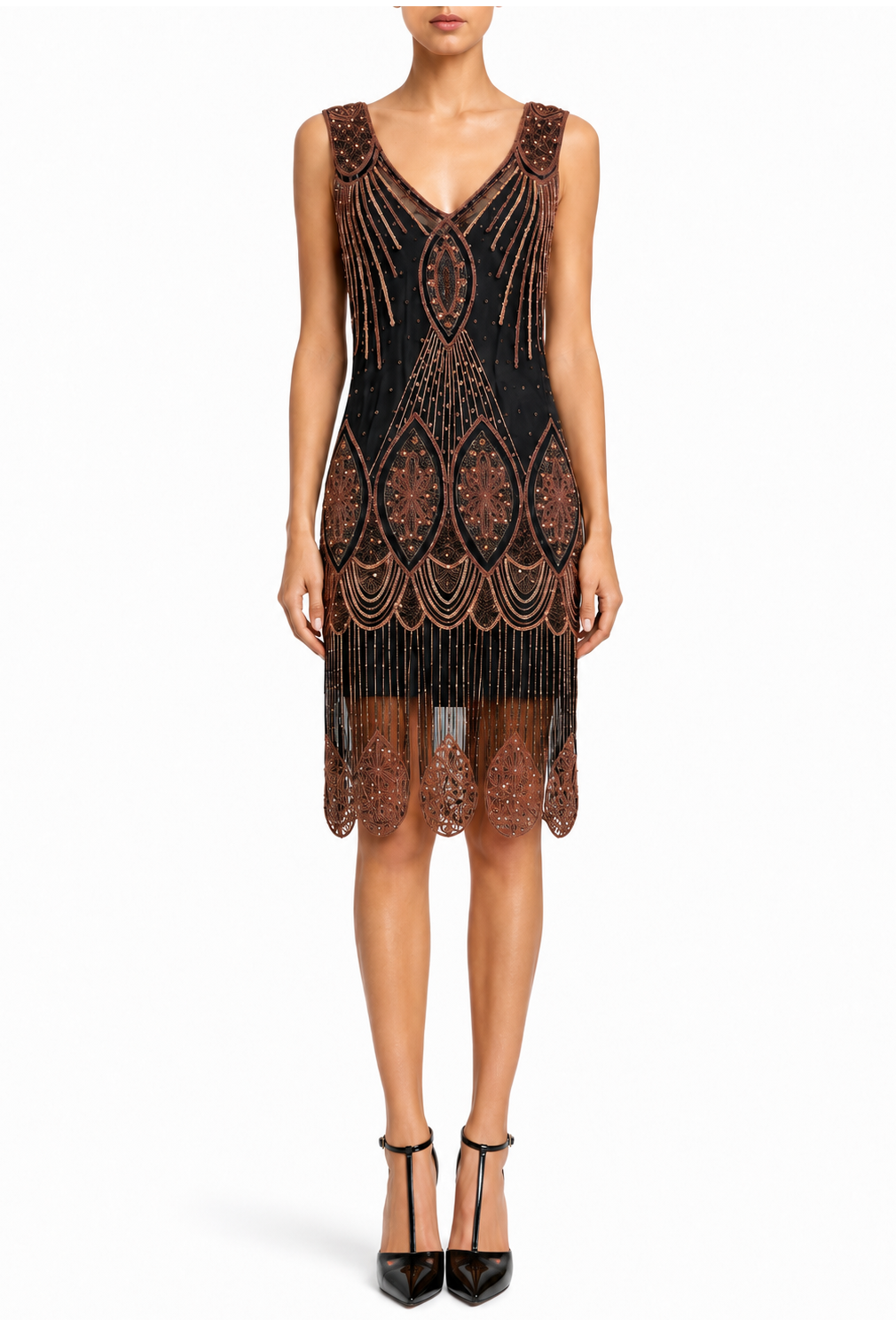 Sleeveless V-neck beaded fringe dress in dark copper and black, knee-length with tassels