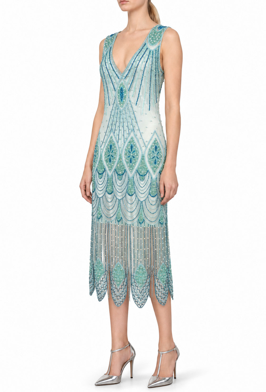 Sea-glass sleeveless beaded midi gown with V-neck and scalloped fringe hem