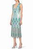 Sea-glass sleeveless beaded midi gown with V-neck and scalloped fringe hem