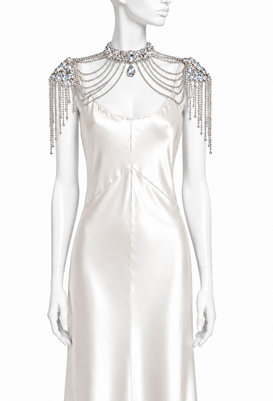 White satin evening dress with palladium-tone crystal shoulder collar and chain fringe