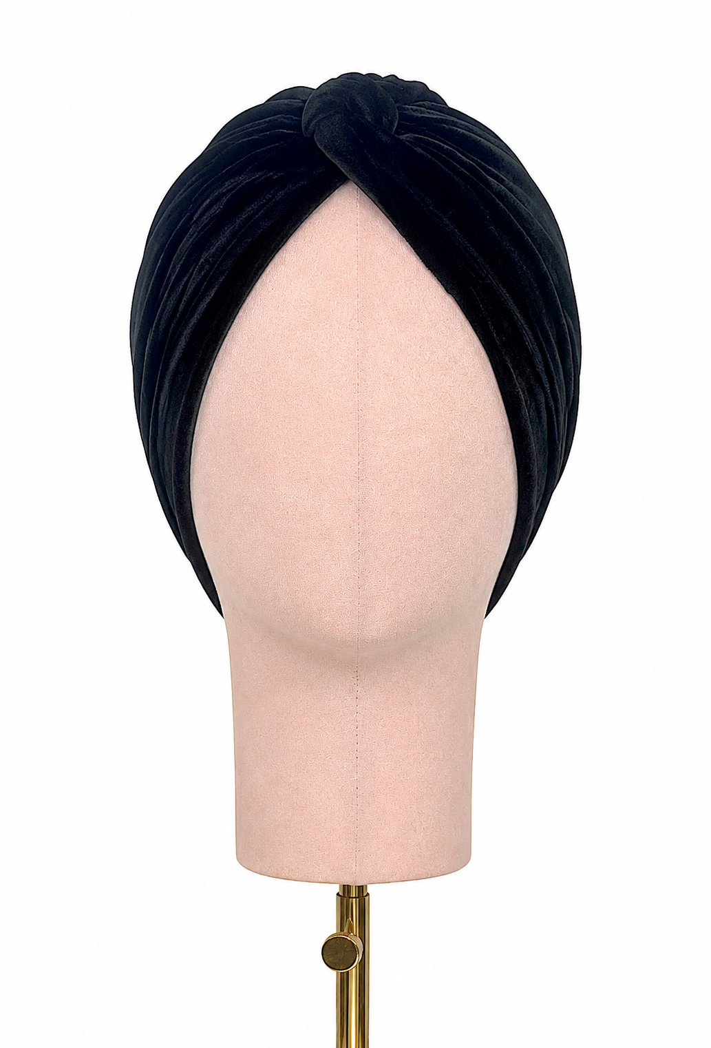Black jet draped velvet turban headwear with knotted front twist