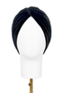 Black velvet draped turban headband on mannequin, twisted front knot