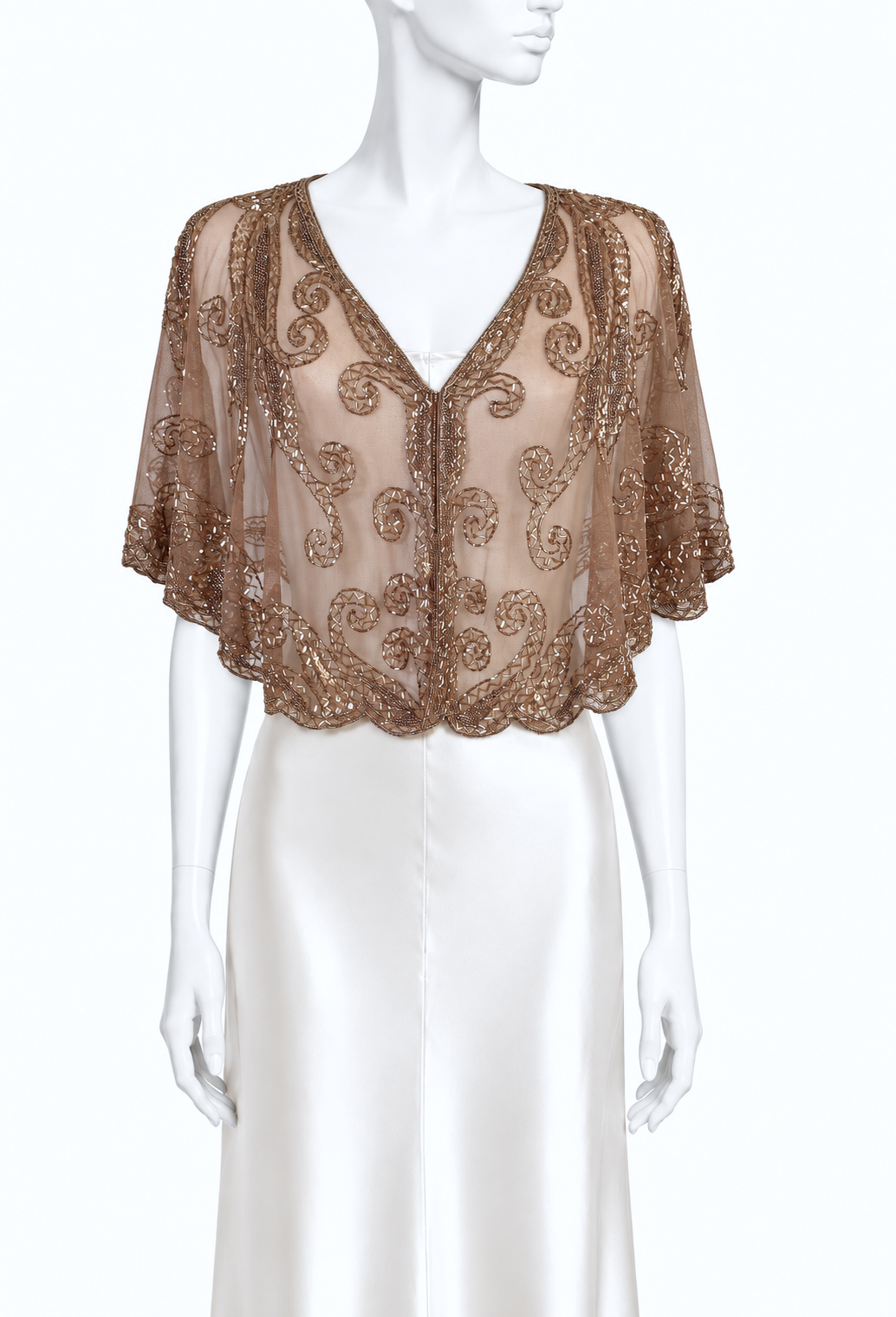 Antique bronze capelet on model, sheer mesh with ornate embroidery and V-neck