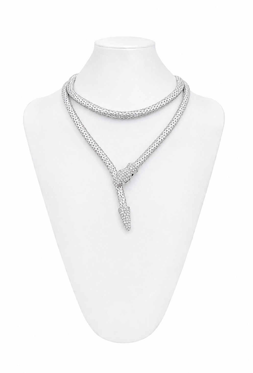 Serpent lariat necklace on bust, double chain with central drop, palladium tone