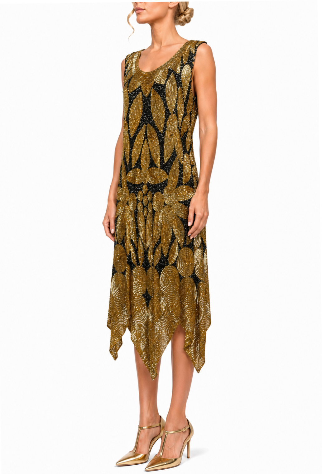 Gold and dark blue beaded sleeveless dress worn with scoop neck and flowing tiered hem