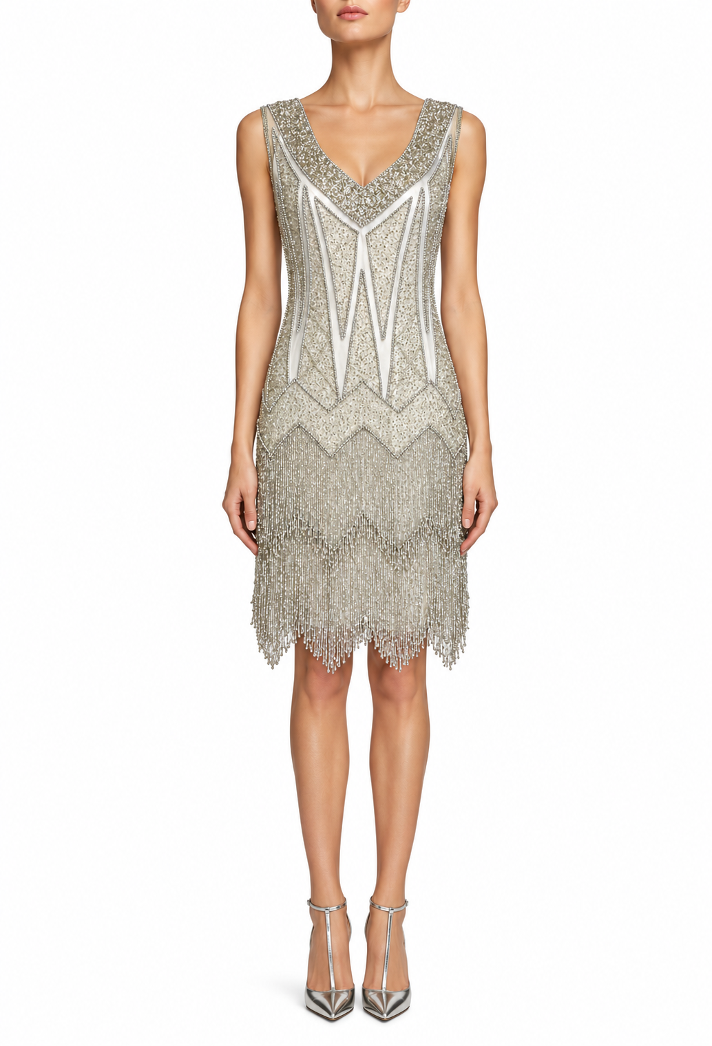 The Zenith Dress in ivory palladium, sleeveless V-neck beaded dress with geometric trim and fringe hem