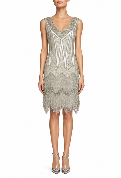 The Zenith Dress in ivory palladium, sleeveless V-neck beaded dress with geometric trim and fringe hem
