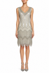 The Zenith Dress in ivory palladium, sleeveless V-neck beaded dress with geometric trim and fringe hem