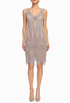 Rose patterned sleeveless V-neck dress with geometric mesh and fringe hem