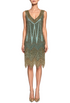 Turquoise and gold sleeveless V-neck beaded dress with fringe hem