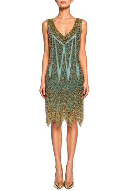 Turquoise and gold beaded fringe dress with V-neck and sleeveless design