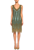 Turquoise and gold beaded fringe dress with V-neck and sleeveless design