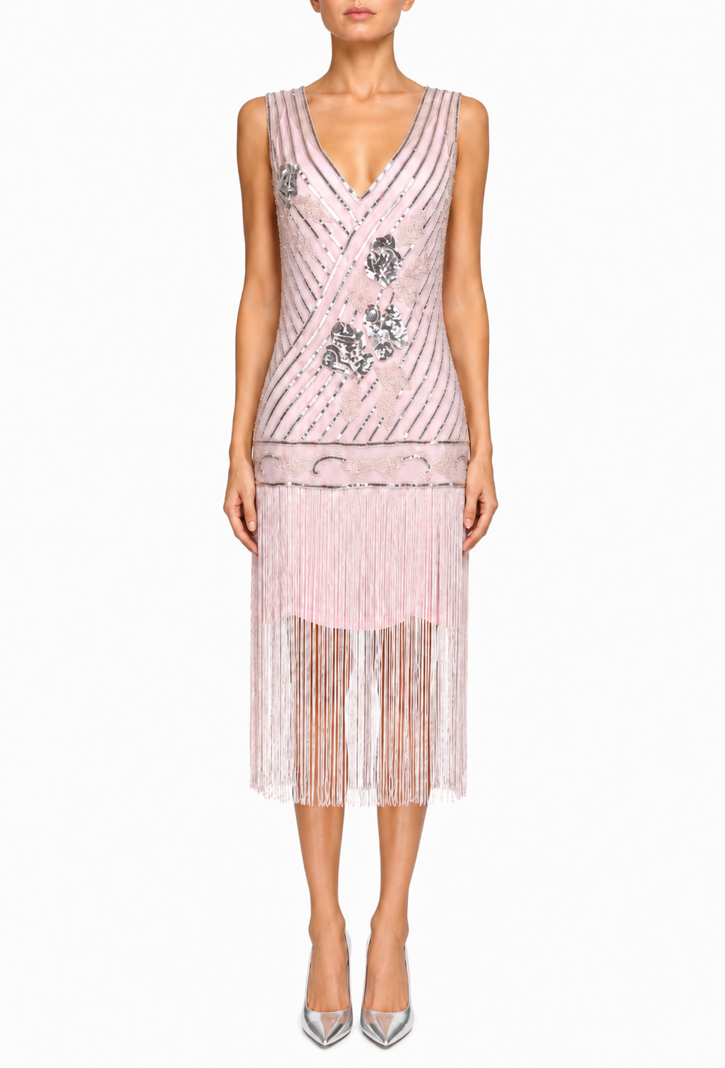 Vintage flapper fringe party dress, sleeveless V-neck, beaded pink with tassel hem