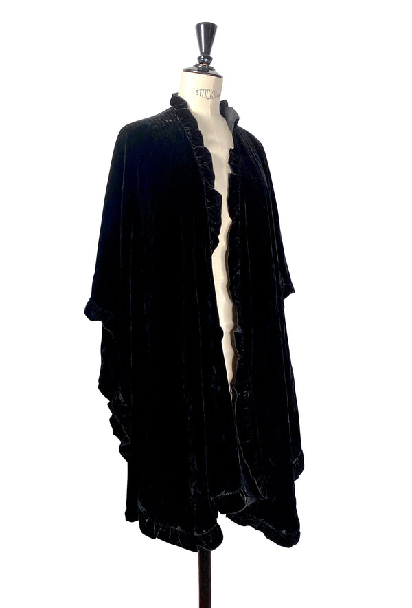 Victorian Velvet Ruffle Open Front Evening Wrap - Jet Black