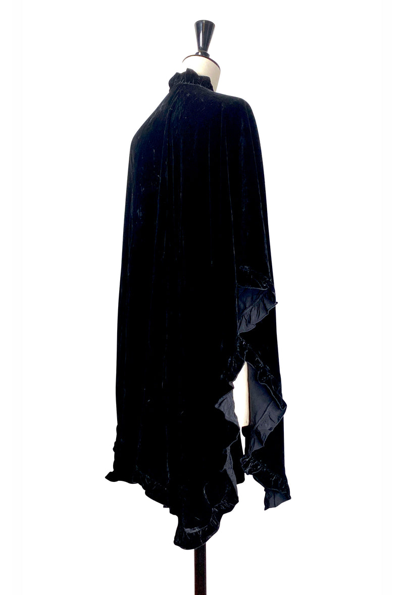 Victorian Velvet Ruffle Open Front Evening Wrap - Jet Black