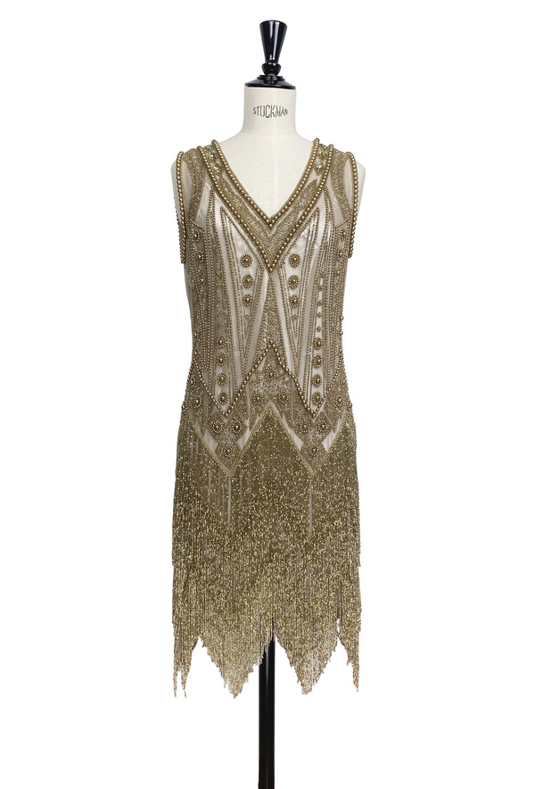 Vintage 1920s Art Deco Beaded Layered Fringe Gown - The De Luxe - Antique Gold