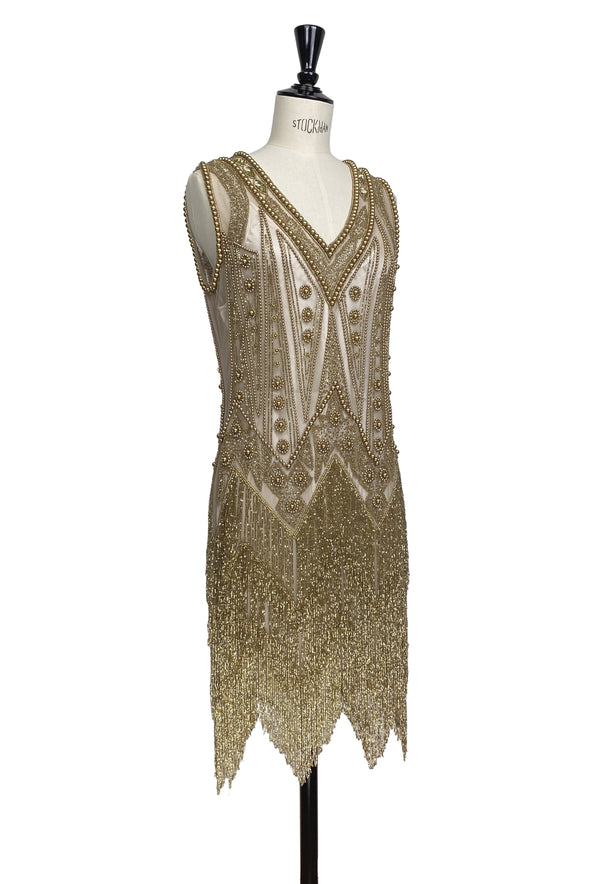 Vintage 1920s Art Deco Beaded Layered Fringe Gown - The De Luxe - Antique Gold