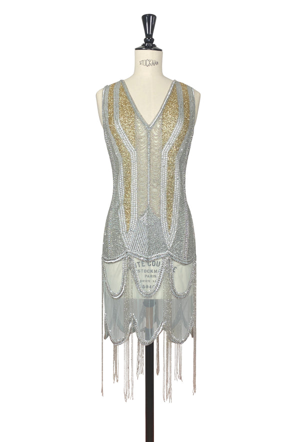 Vintage 1920s Art Deco Beaded Scallop Fringe Overlay Dress - The Countess - Silver & Gold The Deco Haus