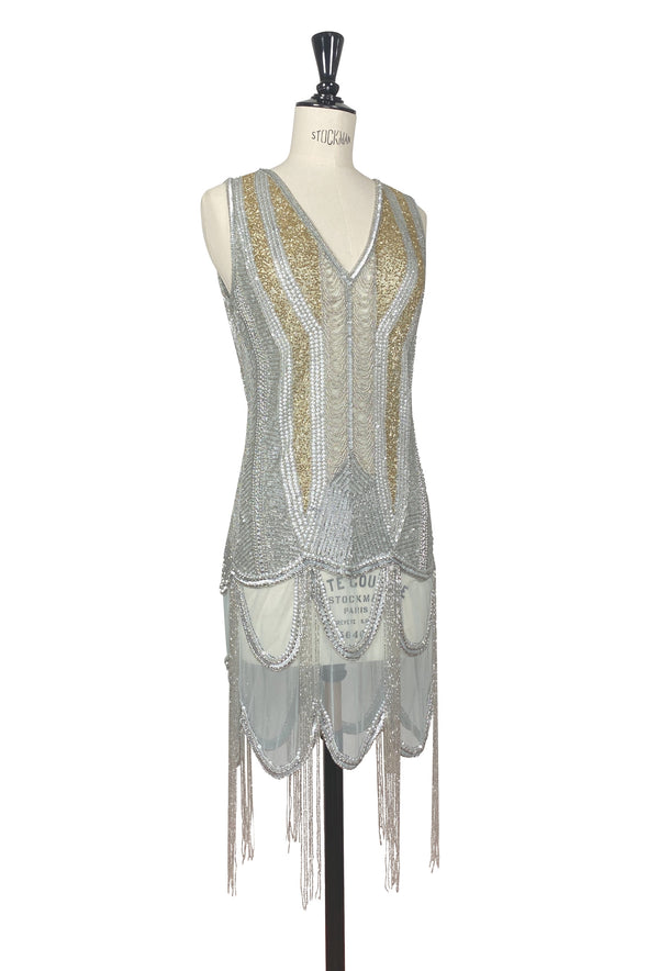 Vintage 1920s Art Deco Beaded Scallop Fringe Overlay Dress - The Countess - Silver & Gold The Deco Haus
