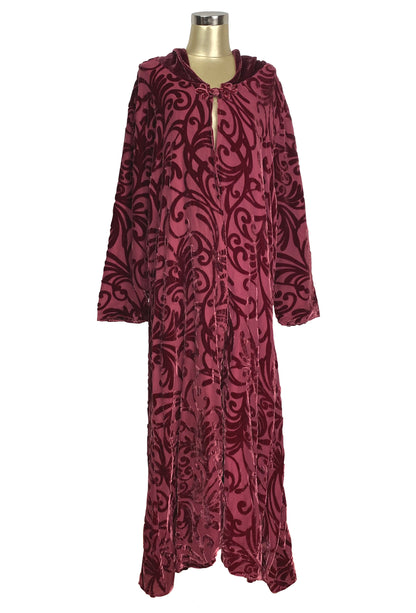 Vintage Art Nouveau Silk Velvet Burnout Hooded Evening Cape - Antique Red
