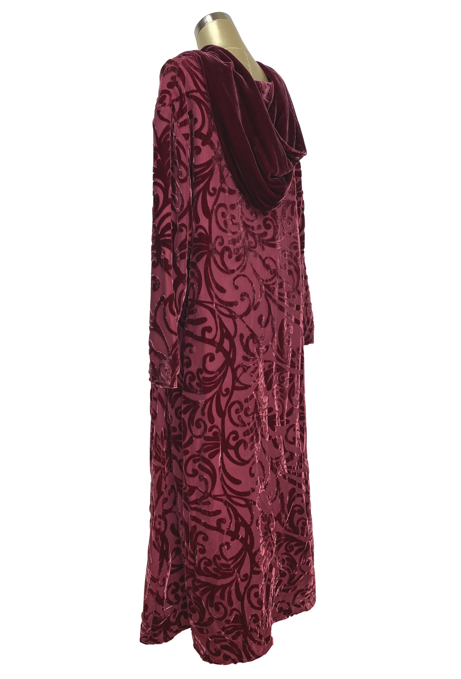 Vintage Art Nouveau Silk Velvet Burnout Hooded Evening Cape - Antique Red