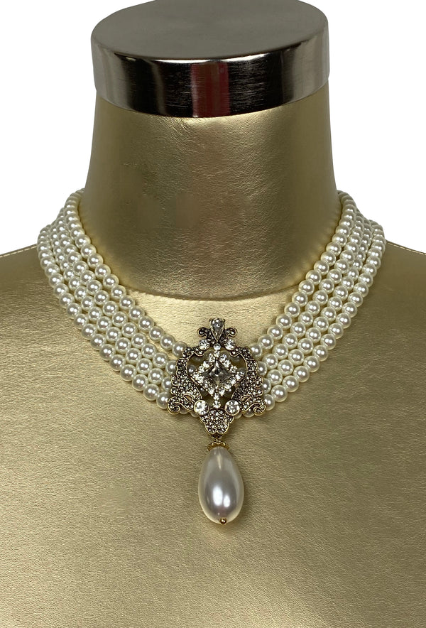 Vintage Hollywood Regency 50's Rhinestone Pearl Grace Kelly Choker Necklace