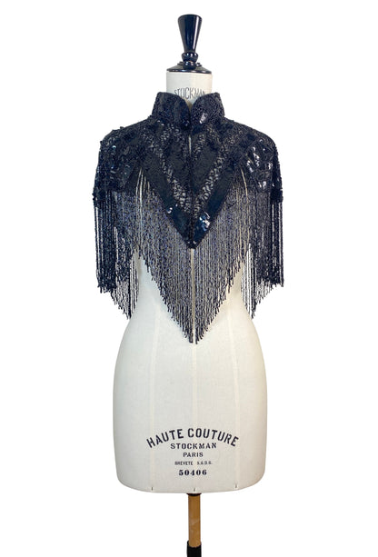 Vintage Luxe Hand Beaded Victorian Collar Fringe Capelet - Black