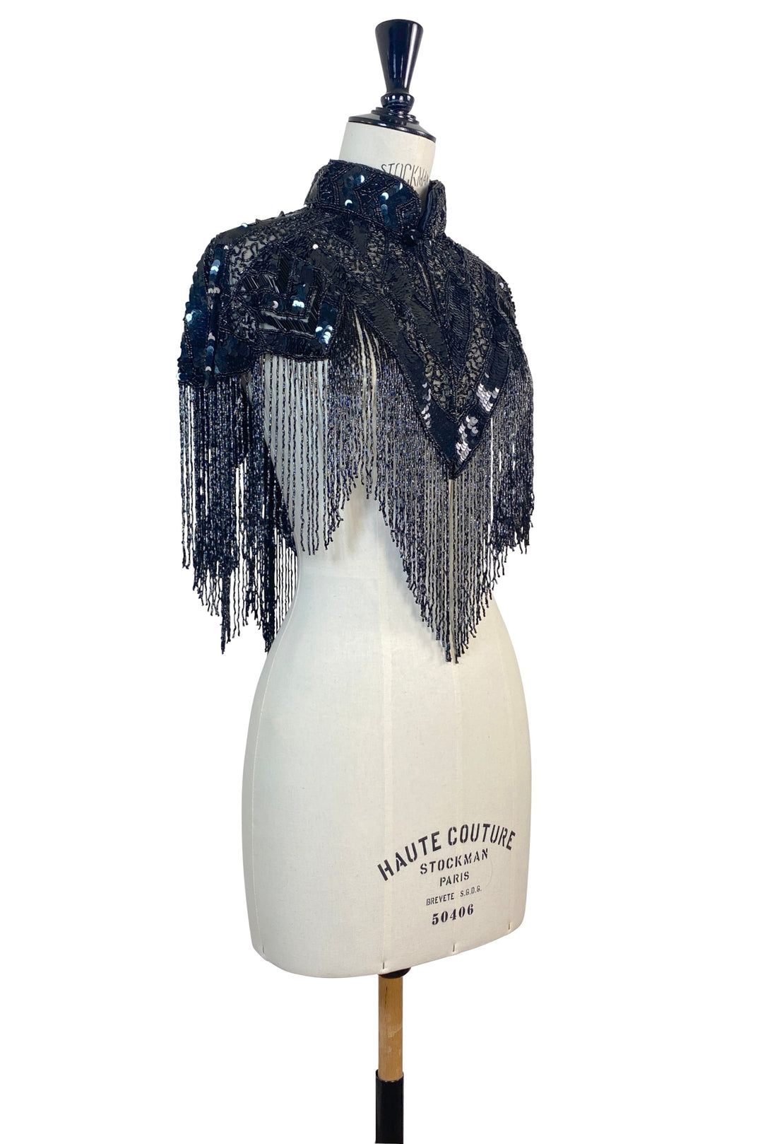 Vintage Luxe Hand Beaded Victorian Collar Fringe Capelet - Black