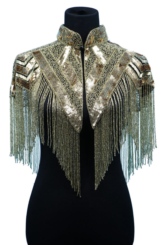 Vintage Luxe Hand Beaded Victorian Collar Fringe Capelet - Gold The Deco Haus
