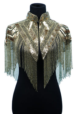 Vintage Luxe Hand Beaded Victorian Collar Fringe Capelet - Gold