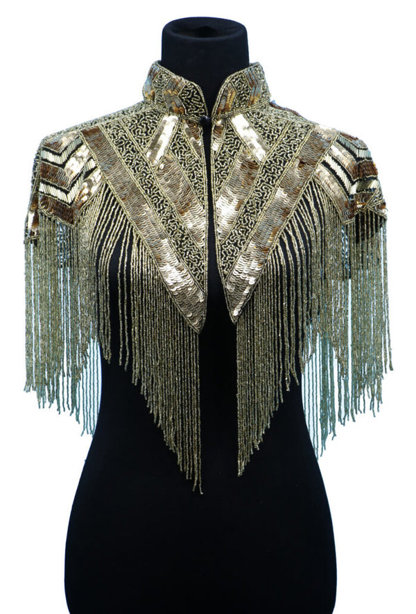 Vintage Luxe Hand Beaded Victorian Collar Fringe Capelet - Gold