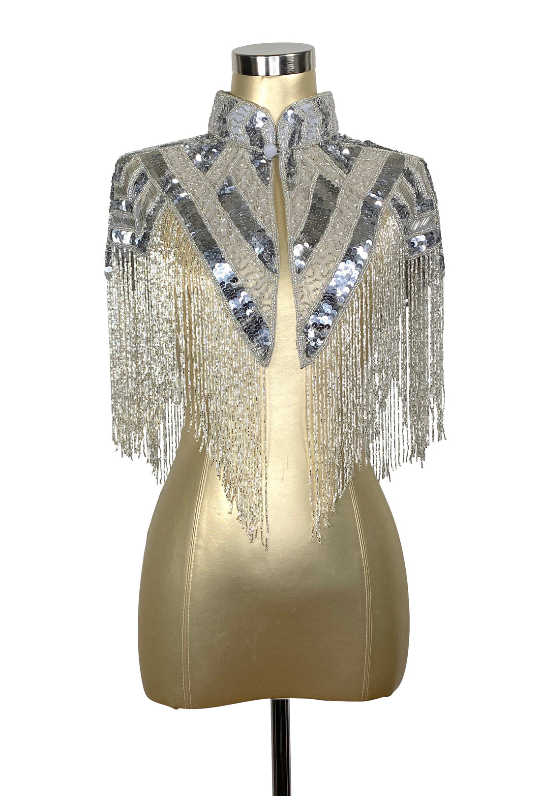 Vintage Luxe Hand Beaded Victorian Collar Fringe Capelet - Silver