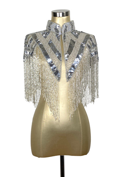 Vintage Luxe Hand Beaded Victorian Collar Fringe Capelet - Silver