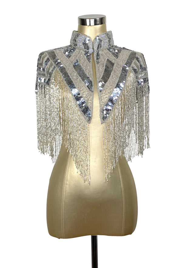 Vintage Luxe Hand Beaded Victorian Collar Fringe Capelet - Silver