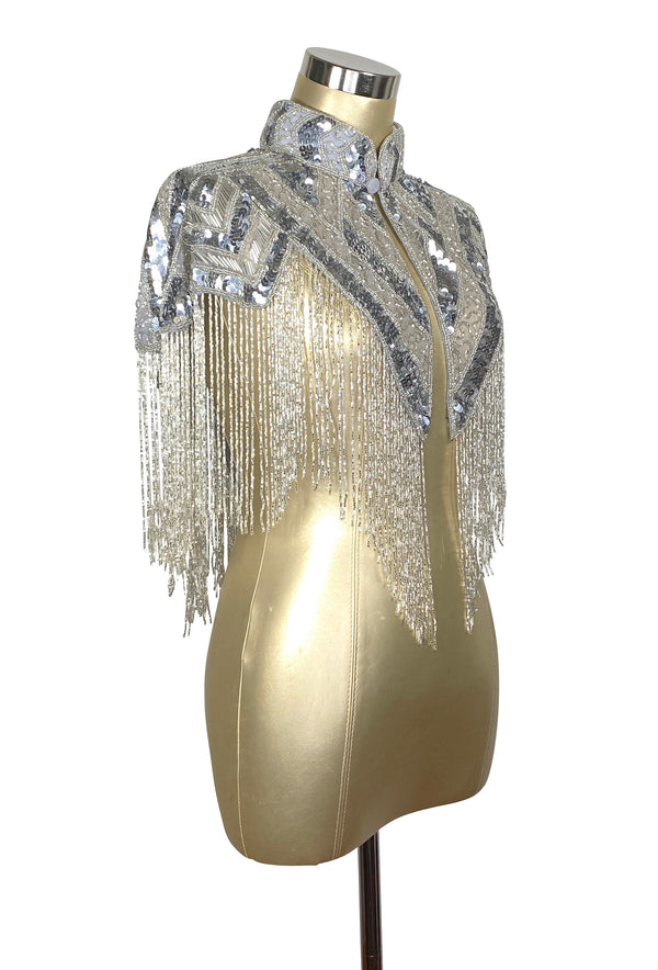 Vintage Luxe Hand Beaded Victorian Collar Fringe Capelet - Silver