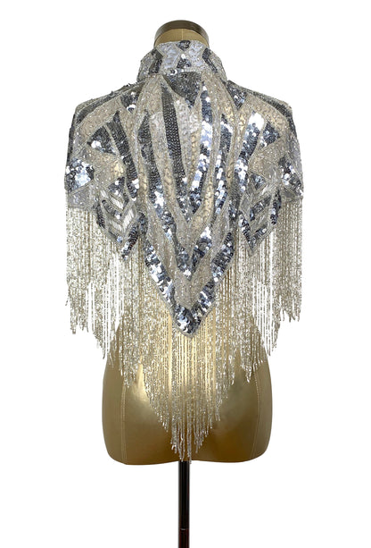 Vintage Luxe Hand Beaded Victorian Collar Fringe Capelet - Silver