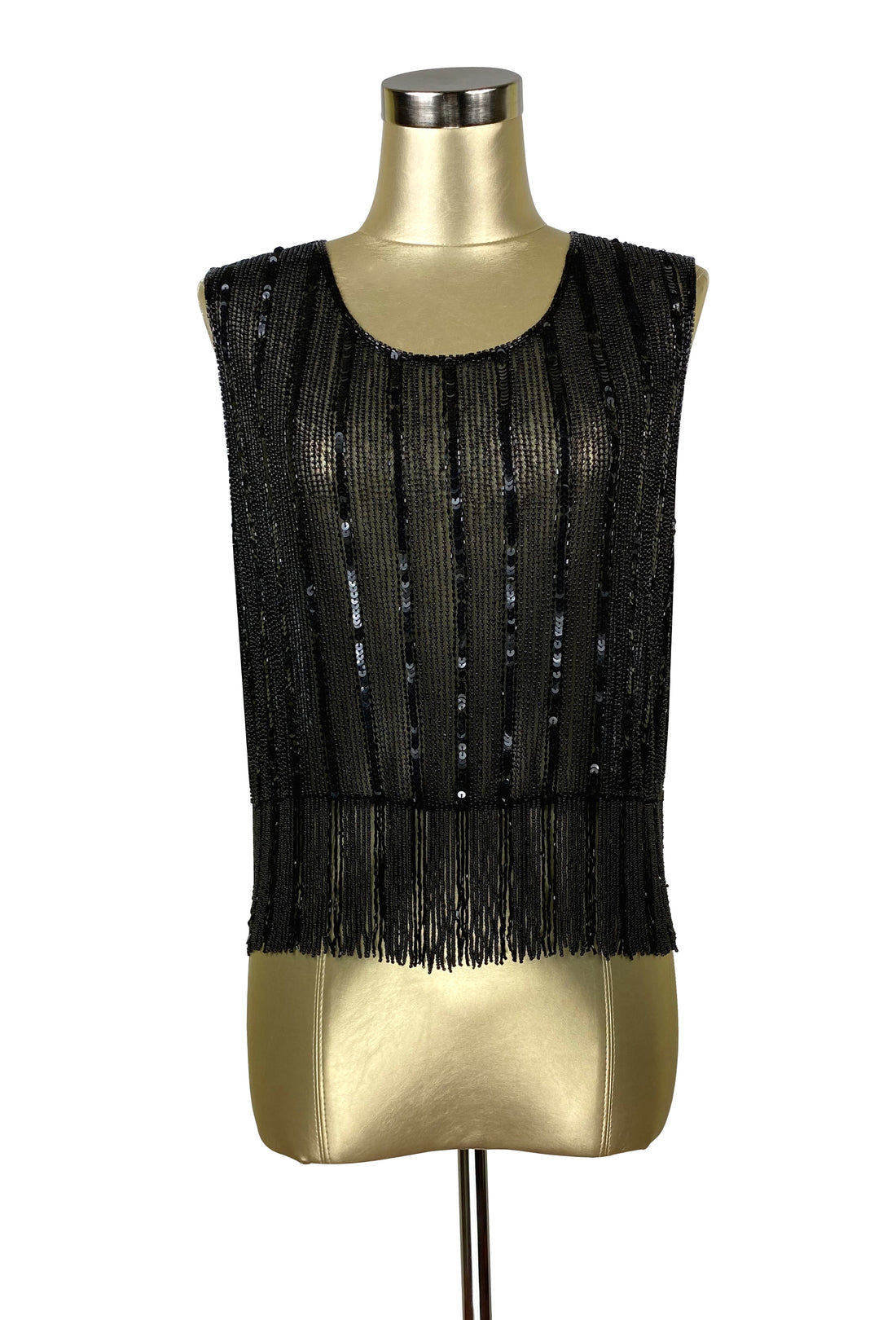 Black sleeveless beaded fringe vest top with round neckline on mannequin