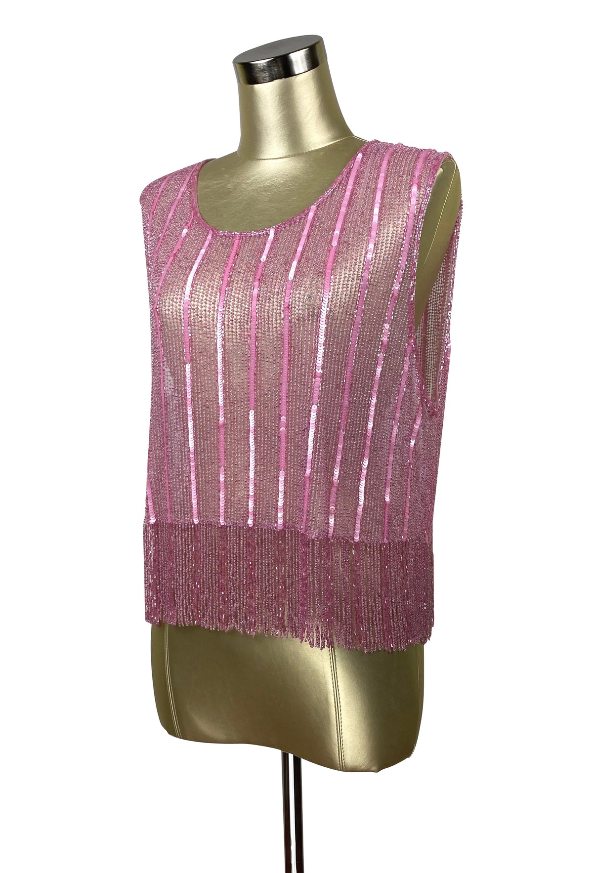 Beaded fringe sleeveless top in pink with vertical sequin stripes