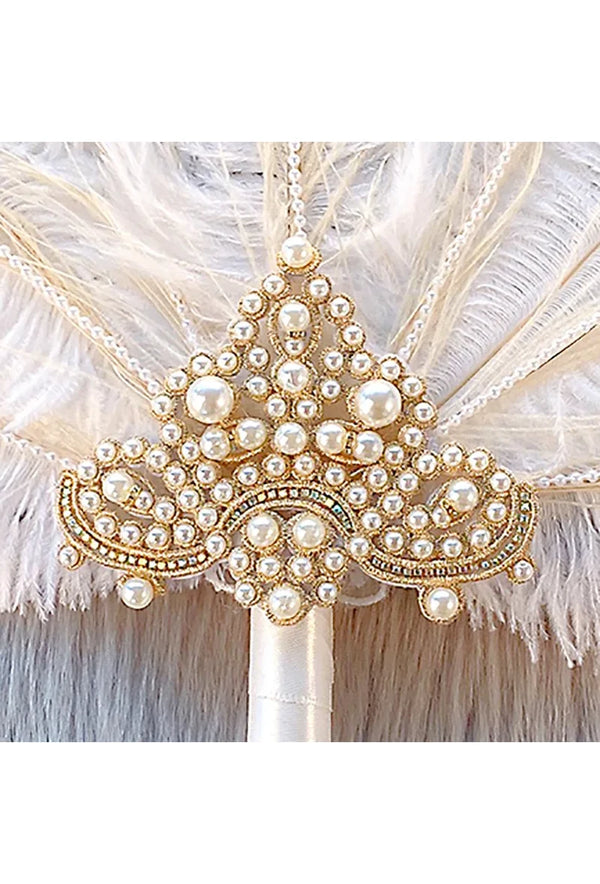 Vintage Ostrich Pearl Gatsby Fan - Crème