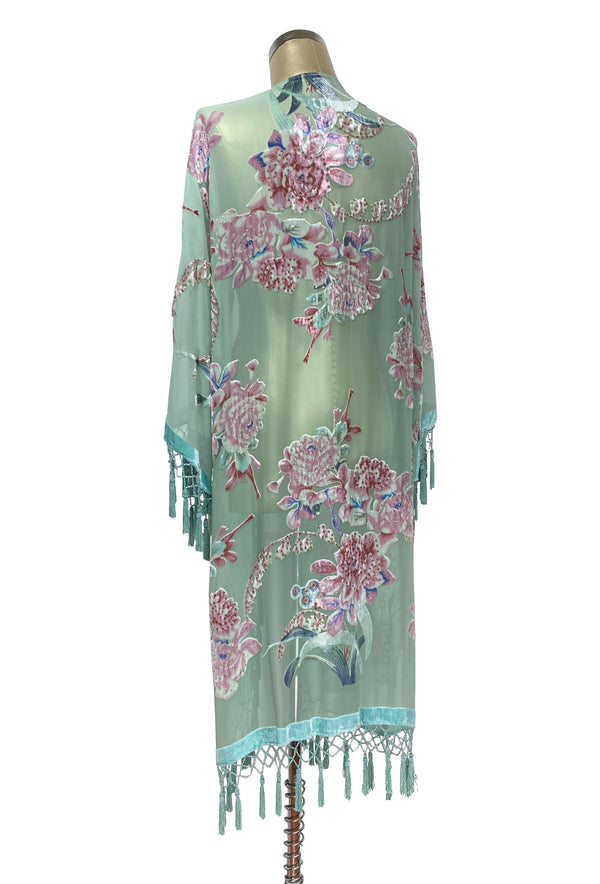 Vintage Silk Velvet 1920's Beaded Fringe Scarf Coat - Vintage Blossom - Aqua Green
