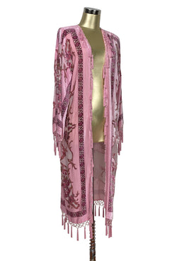 Vintage Silk Velvet 1920's Beaded Fringe Scarf Coat - Vintage Bouquet - Rose Pink