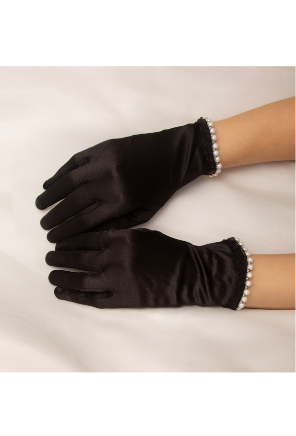 Vintage Style Satin Pearl Kitten Glove - Black
