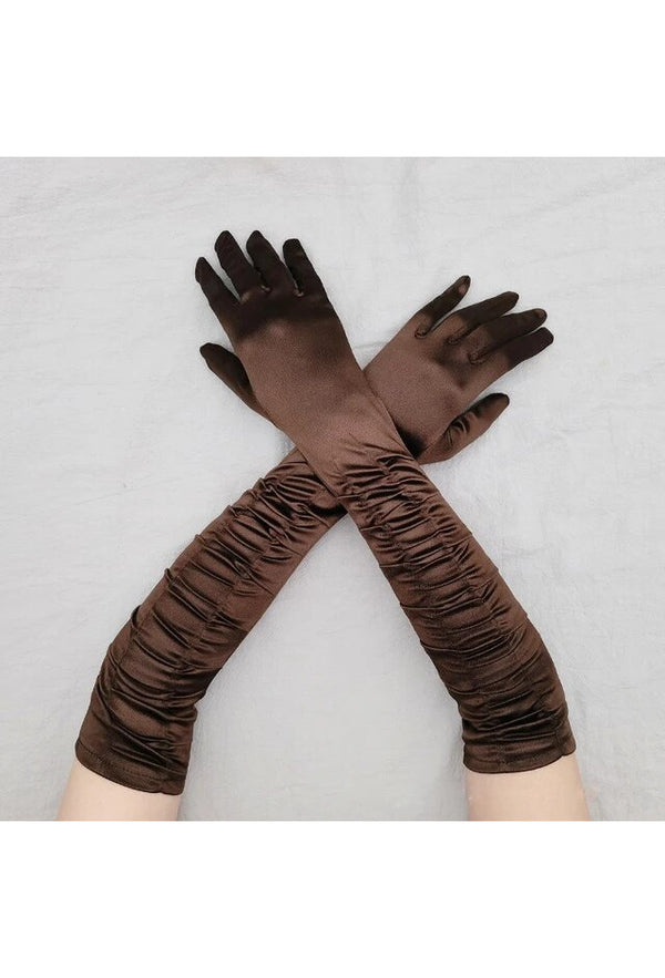 Vintage Style Satin Ruched Long Opera Evening Glove - Espresso Brown
