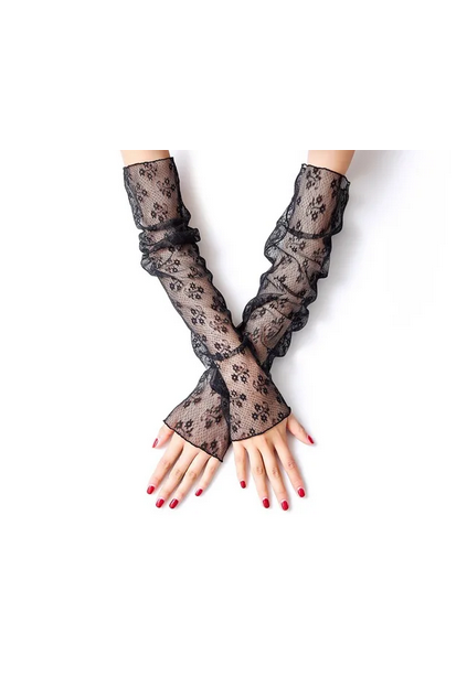 Vintage Style Sheer Nylon Mesh Fingerless Opera Evening Glove - Black Lace