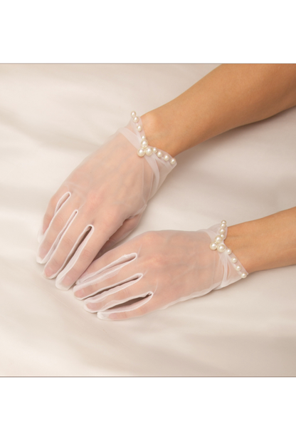 White sheer mesh kitten gloves with pearl clusters on wrist