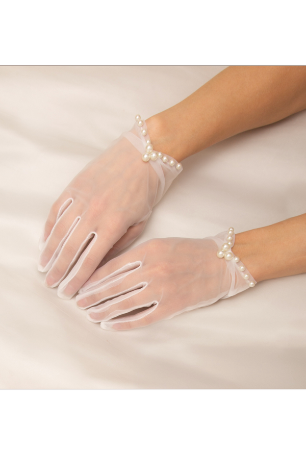 Vintage Style Mesh Pearl Kitten Glove - White