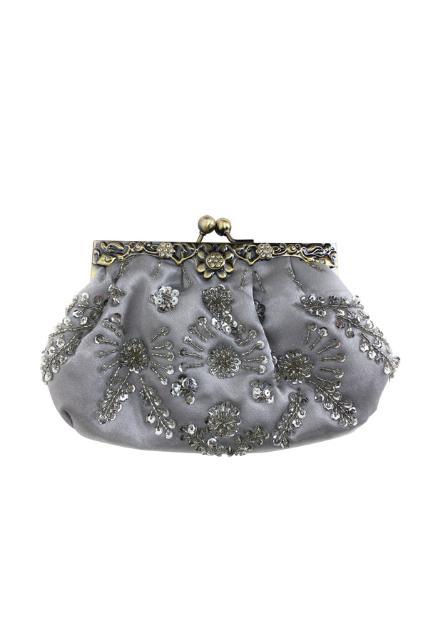 Vintage Victorian Beaded Floral Satin Evening Purse - Silver