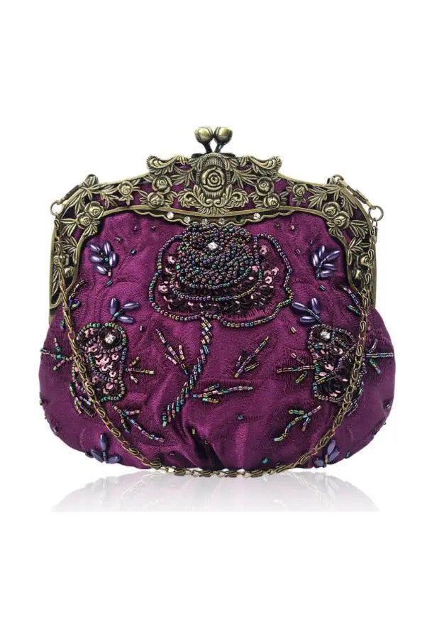 Vintage Victorian Beaded Satin Evening Purse - Aubergine